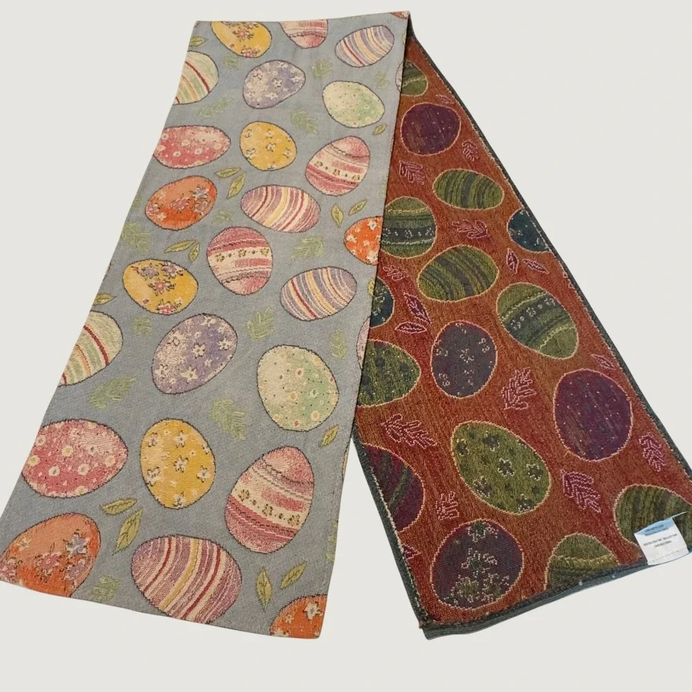 Easter Egg Tapestry Table Runner Blue Woven Cotton Blend Spring Decor 13x70